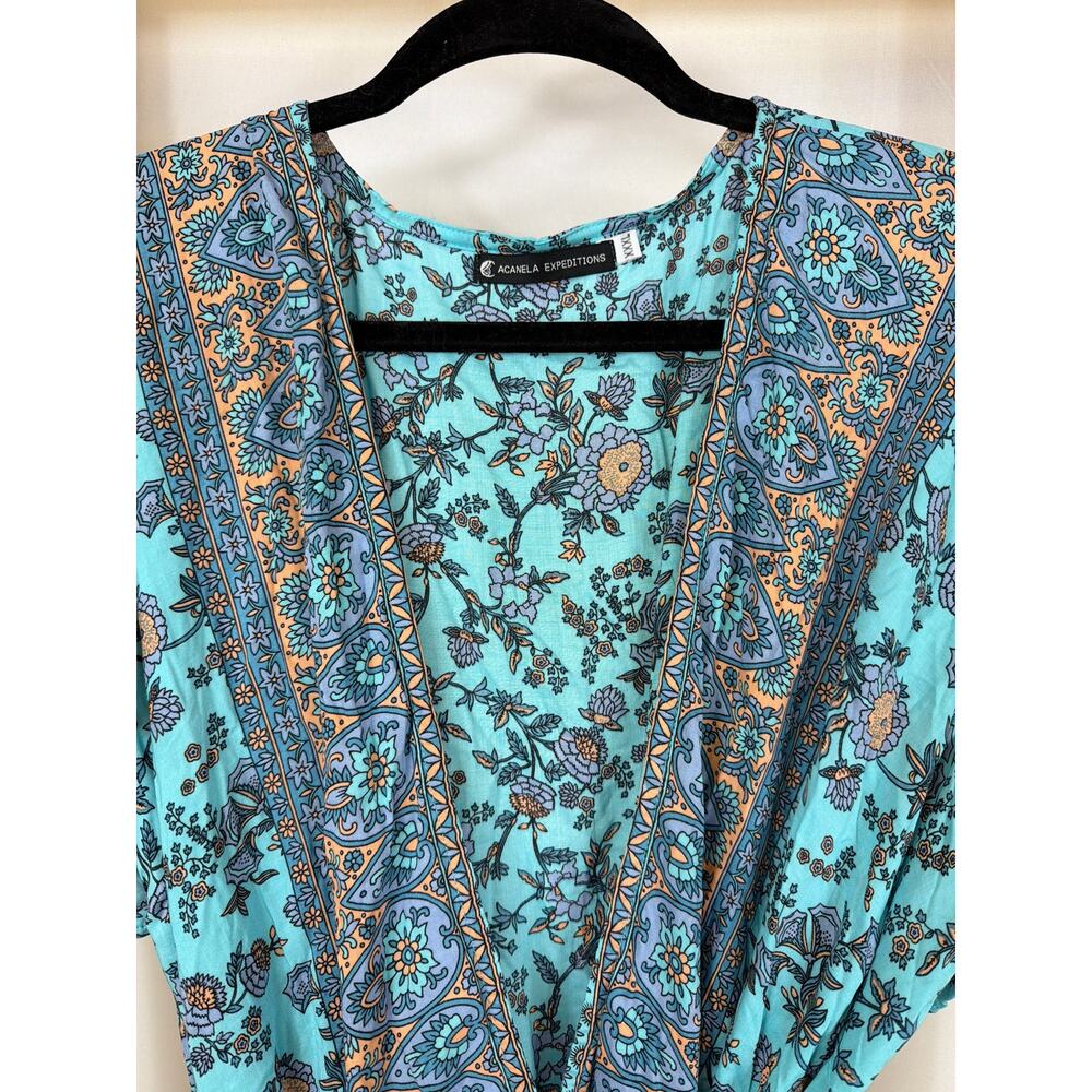 Acanela Expeditions Blue Multicolor Wrap Maxi Dress Ruffled Sleeve XXXL - Picture 2 of 9